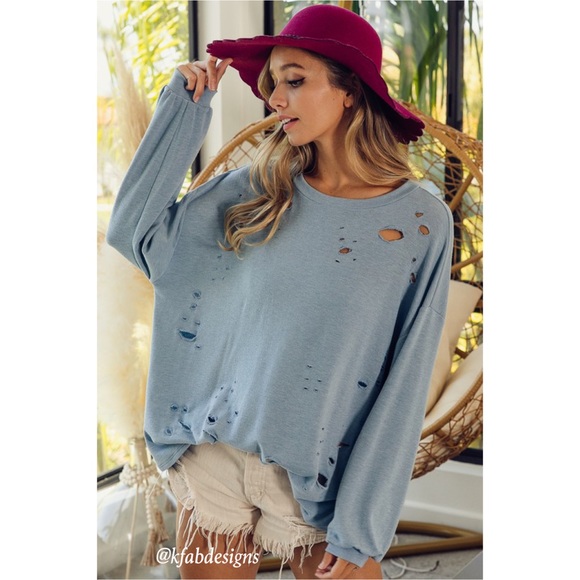 LAST FEW! The SOFTEST Dusty Blue French Terry Knife Cut Sweatshirt! - Picture 6 of 9